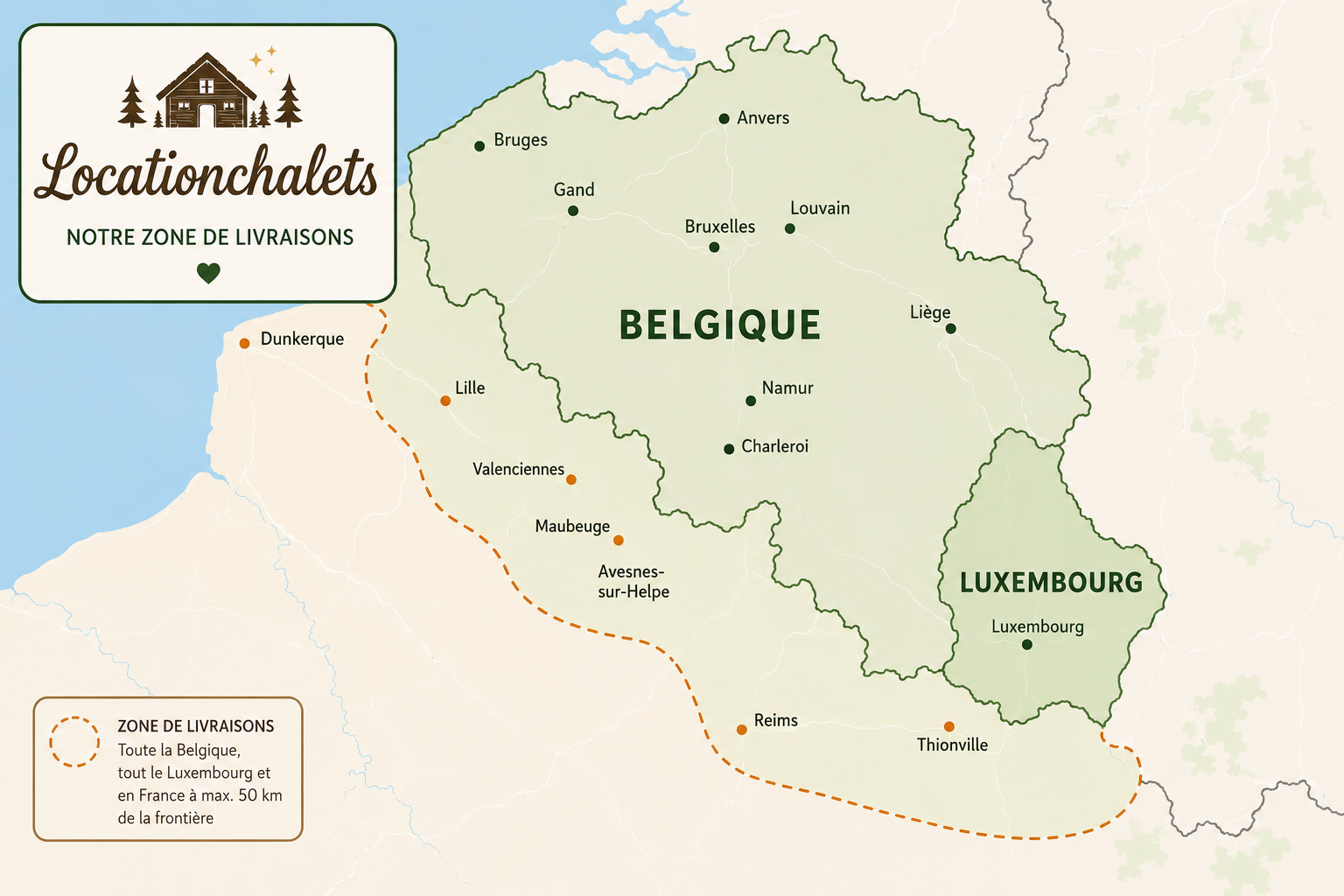 Carte de notre zone de livraison : toute la Belgique, tout le Luxembourg et la France à 50 km maximum de la frontière